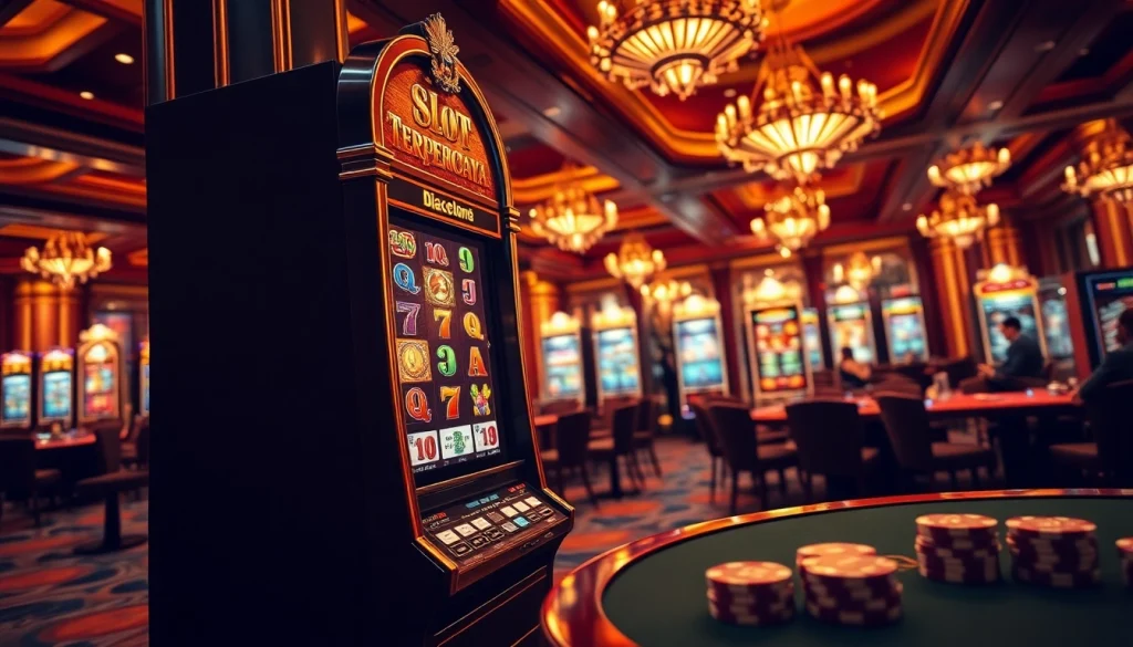 Player enjoying Slot Terpercaya on an elegant slot machine surrounded by a luxurious casino atmosphere.