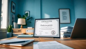 Professional workspace for traduzione giurata featuring a certificate and translation documents.