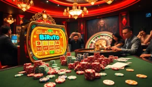 Experience the thrill of birutoto at a captivating casino scene with vibrant slot machines and engaged players.