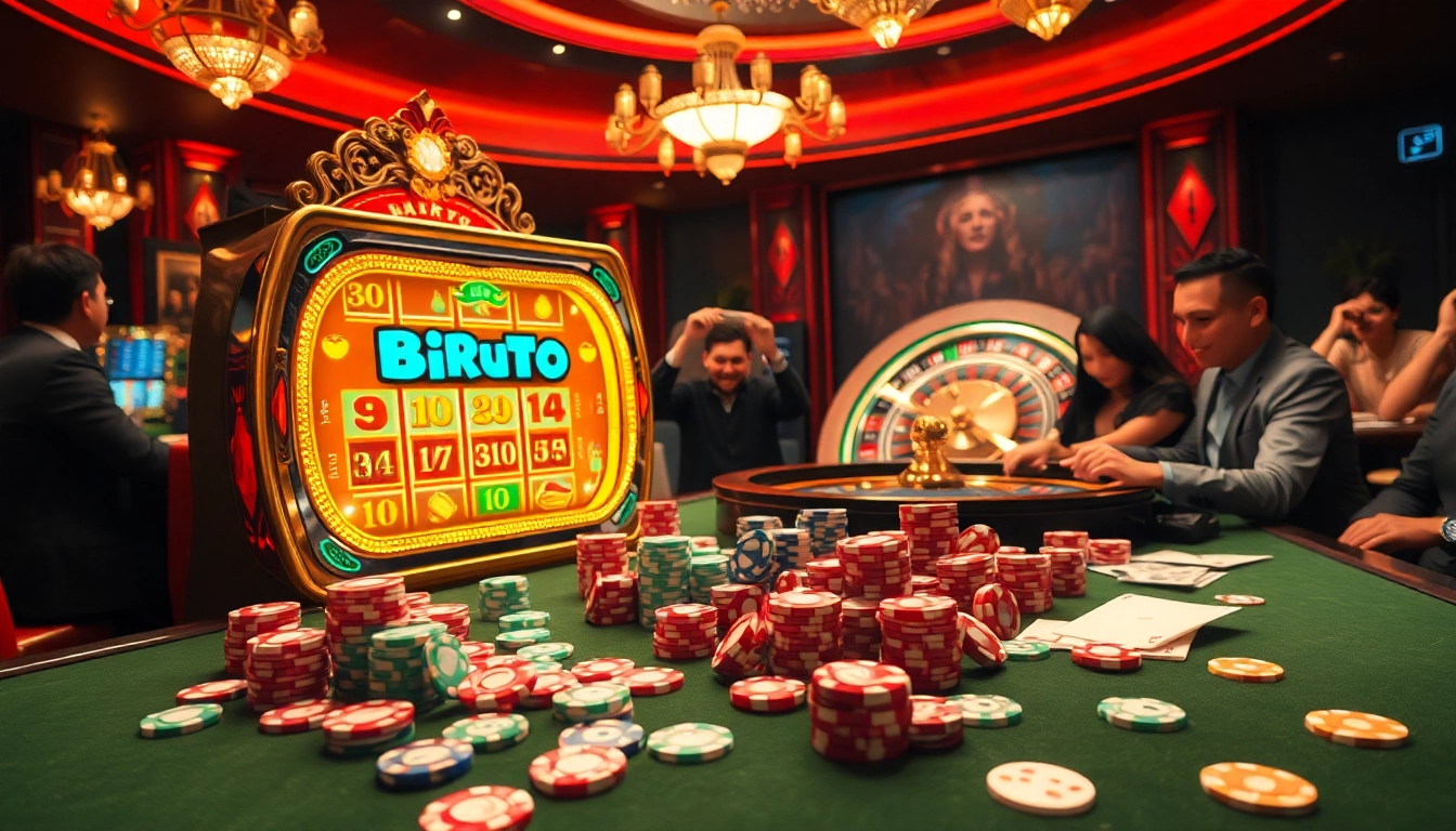 Experience the thrill of birutoto at a captivating casino scene with vibrant slot machines and engaged players.
