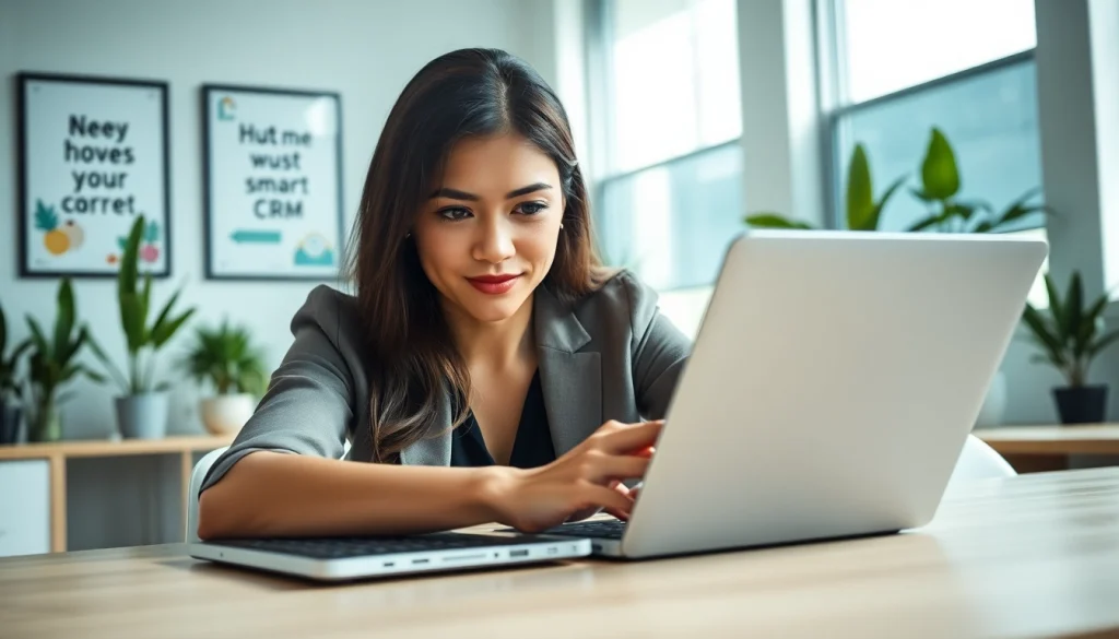 Engaging businesswoman using WhatsApp Smart CRM for effective client communication.