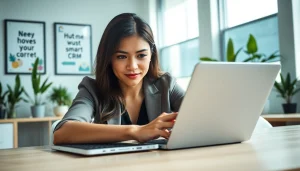 Engaging businesswoman using WhatsApp Smart CRM for effective client communication.