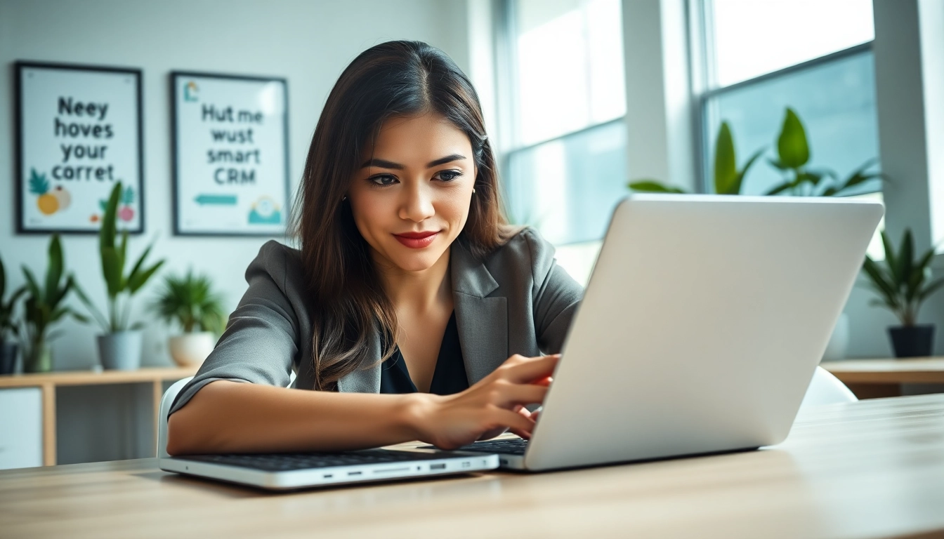 Engaging businesswoman using WhatsApp Smart CRM for effective client communication.