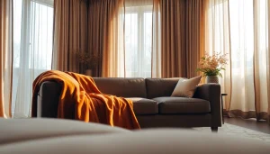 Stijlvolle gordijnstof in een luxe woonkamer met natuurlijke verlichting.