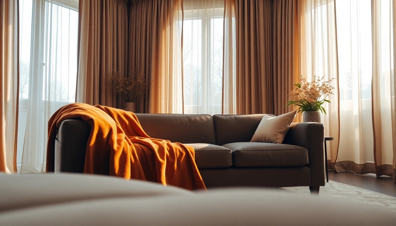 Stijlvolle gordijnstof in een luxe woonkamer met natuurlijke verlichting.