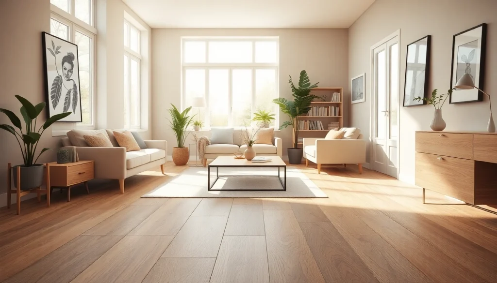 Salon élégant avec un carrelage imitation parquet, mettant en valeur des textures riches et des tons chaleureux.