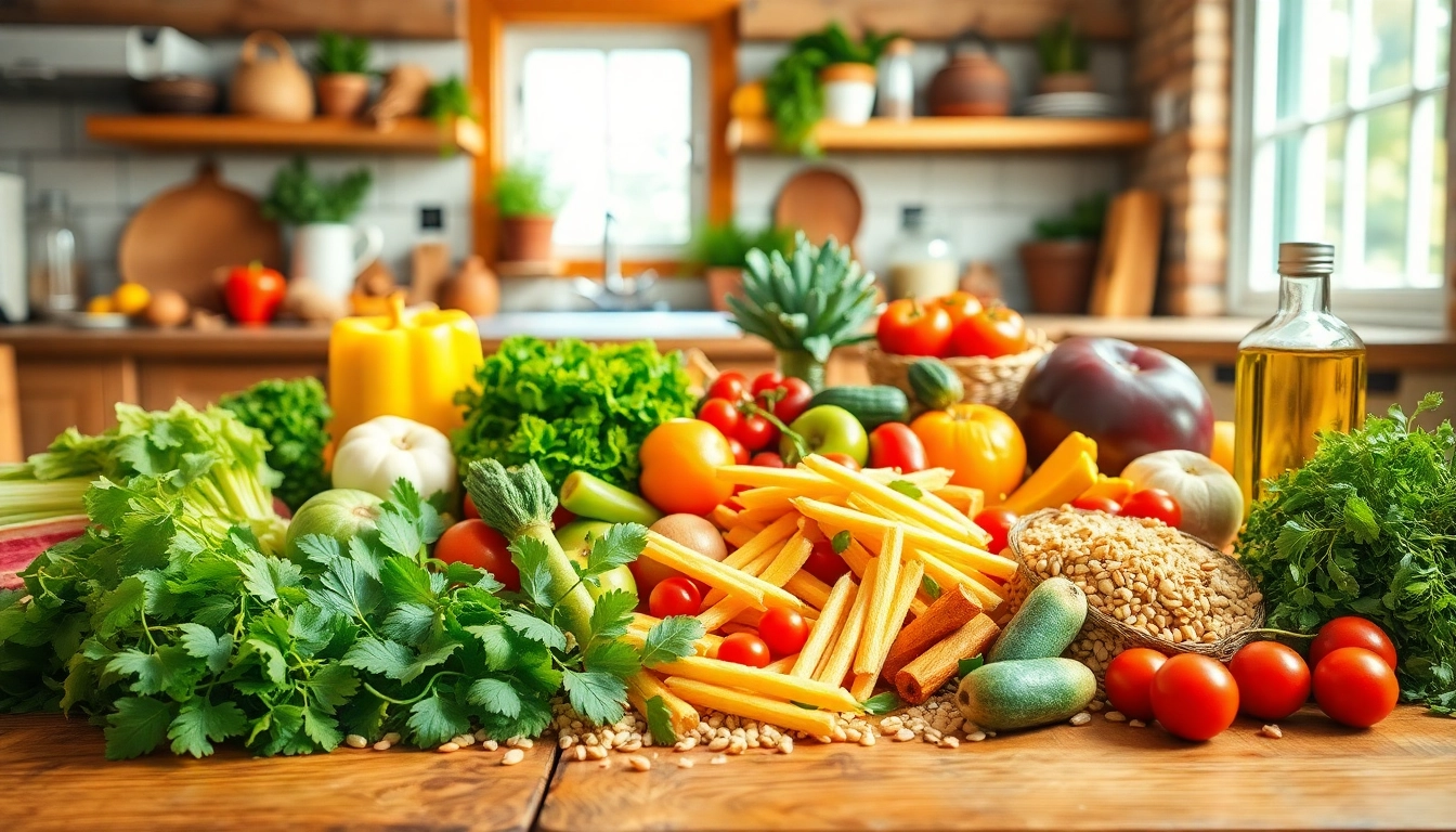 Delicious Mediterranean diet meal showcasing fresh vegetables and fruits on a rustic table.