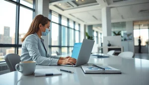 Online email verification process depicted in a modern office, showcasing professionalism and productivity.