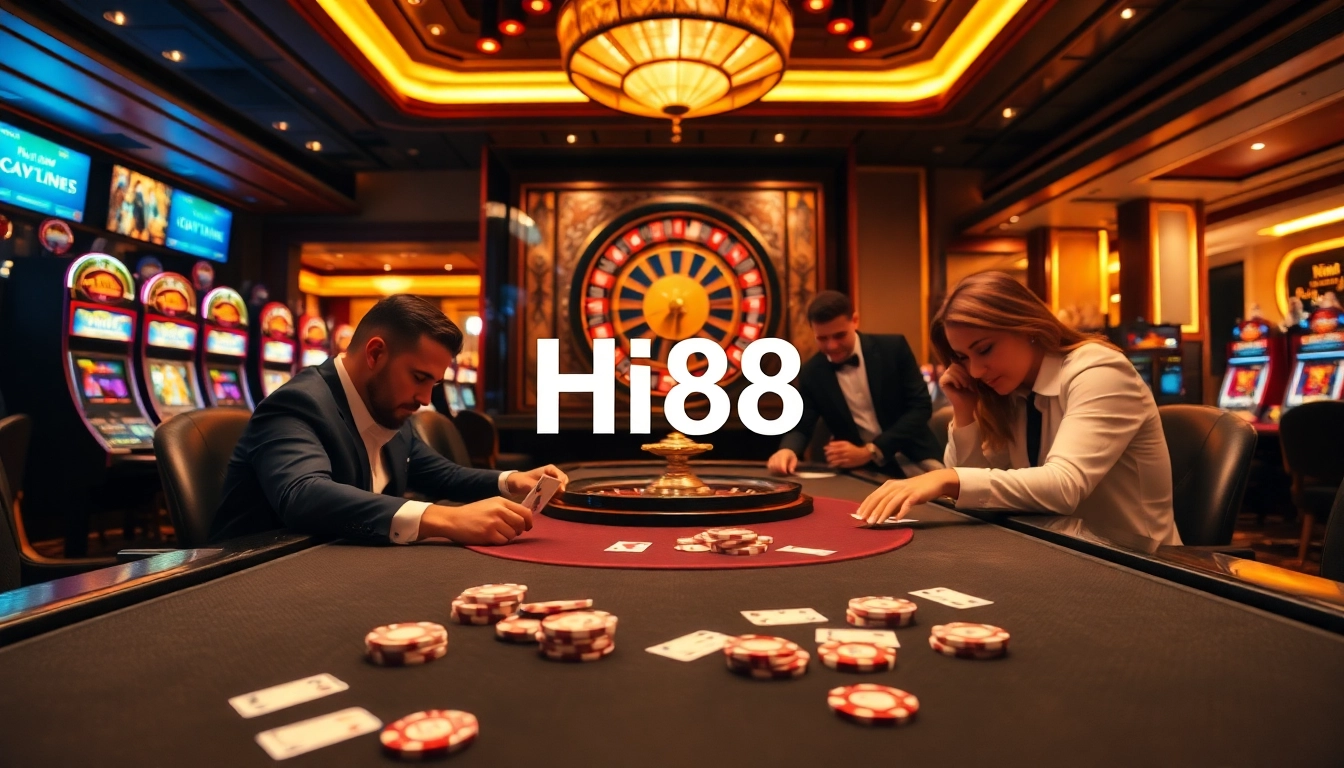 High-stakes players at a poker table immersed in the excitement of Hi88 casino.