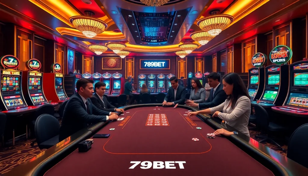 Players engaging at a poker table in a luxurious casino scene, highlighting the excitement of 789BET.