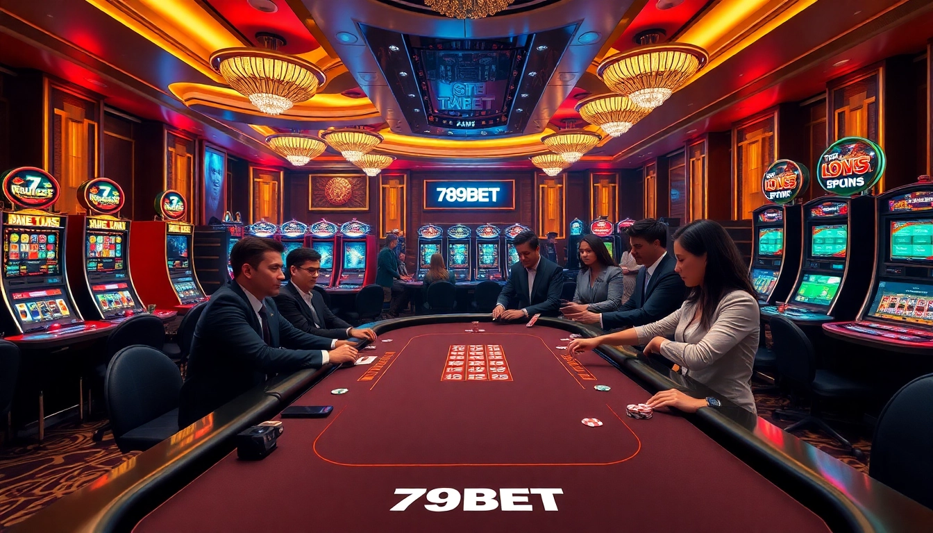 Players engaging at a poker table in a luxurious casino scene, highlighting the excitement of 789BET.