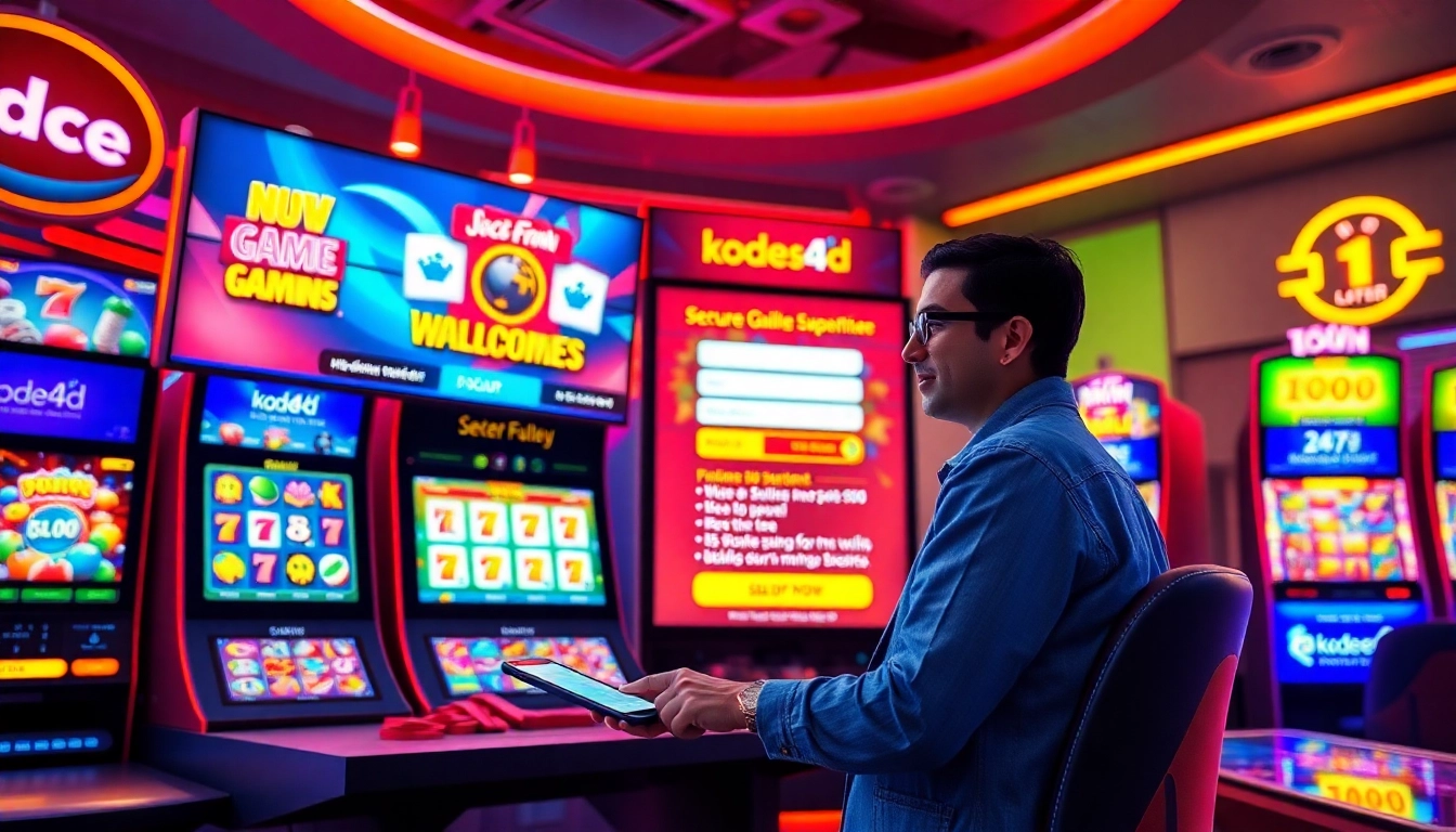 Kode4d engaging slot gaming environment with vibrant colors and 24/7 support elements.
