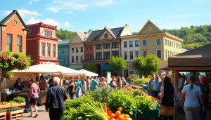Experience the vibrant community of Clarksburg, featuring a lively farmers' market and historic architecture.
