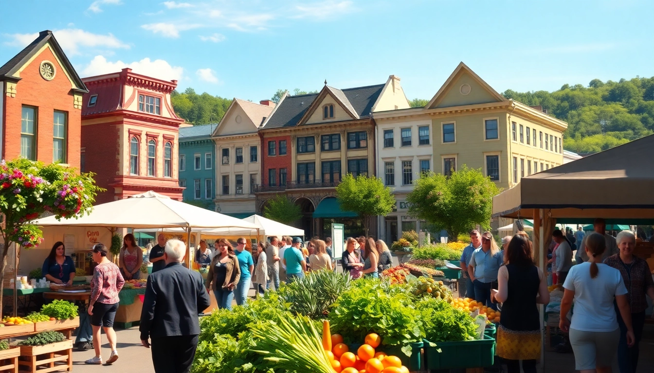 Experience the vibrant community of Clarksburg, featuring a lively farmers' market and historic architecture.