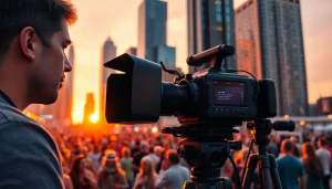 Videographer capturing a vibrant urban event against a city skyline during sunset.