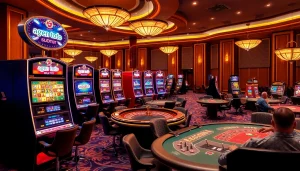 A dynamic casino scene showcasing agen toto slot machines amidst a vibrant gambling atmosphere with players engaged in excitement.