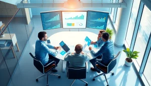 Team collaborating on competitive intelligence strategies with charts in a vibrant office.