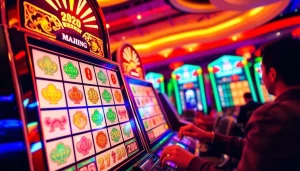 Menangkan di mesin mahjong slot dengan simbol tradisional dan suasana ceria di kasino.