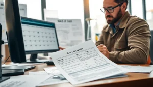 Contractor filling out DAS 140 form with attention to detail in a professional office.