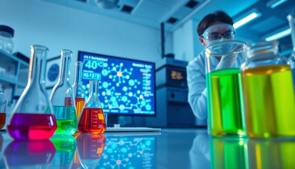 WIN55 cannabinoid research in a modern lab setting with colorful solutions and equipment.