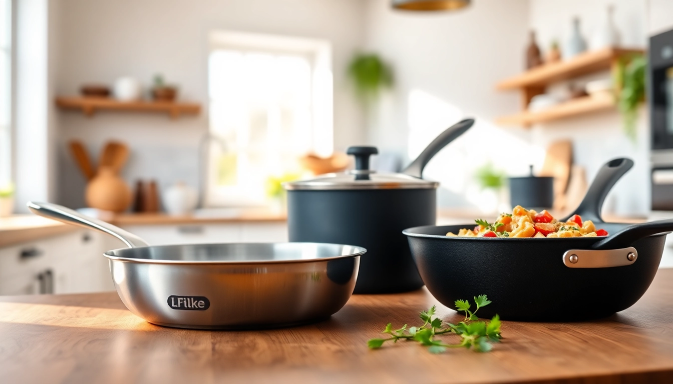 Showcase of high-quality cookware in a modern kitchen setup promoting cooking efficiency.