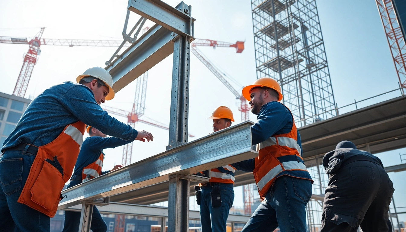 Workers executing structural steel installation with cranes in a bustling construction site.