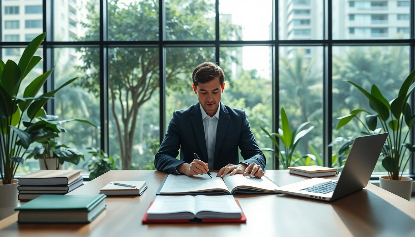 Environmental lawyer reviewing documents in an eco-friendly office setting with natural lighting.