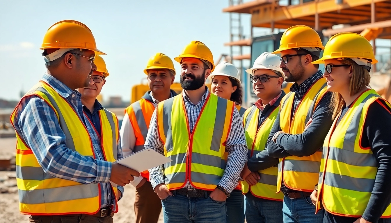 Workers engaging in construction safety programs on a sunny job site.