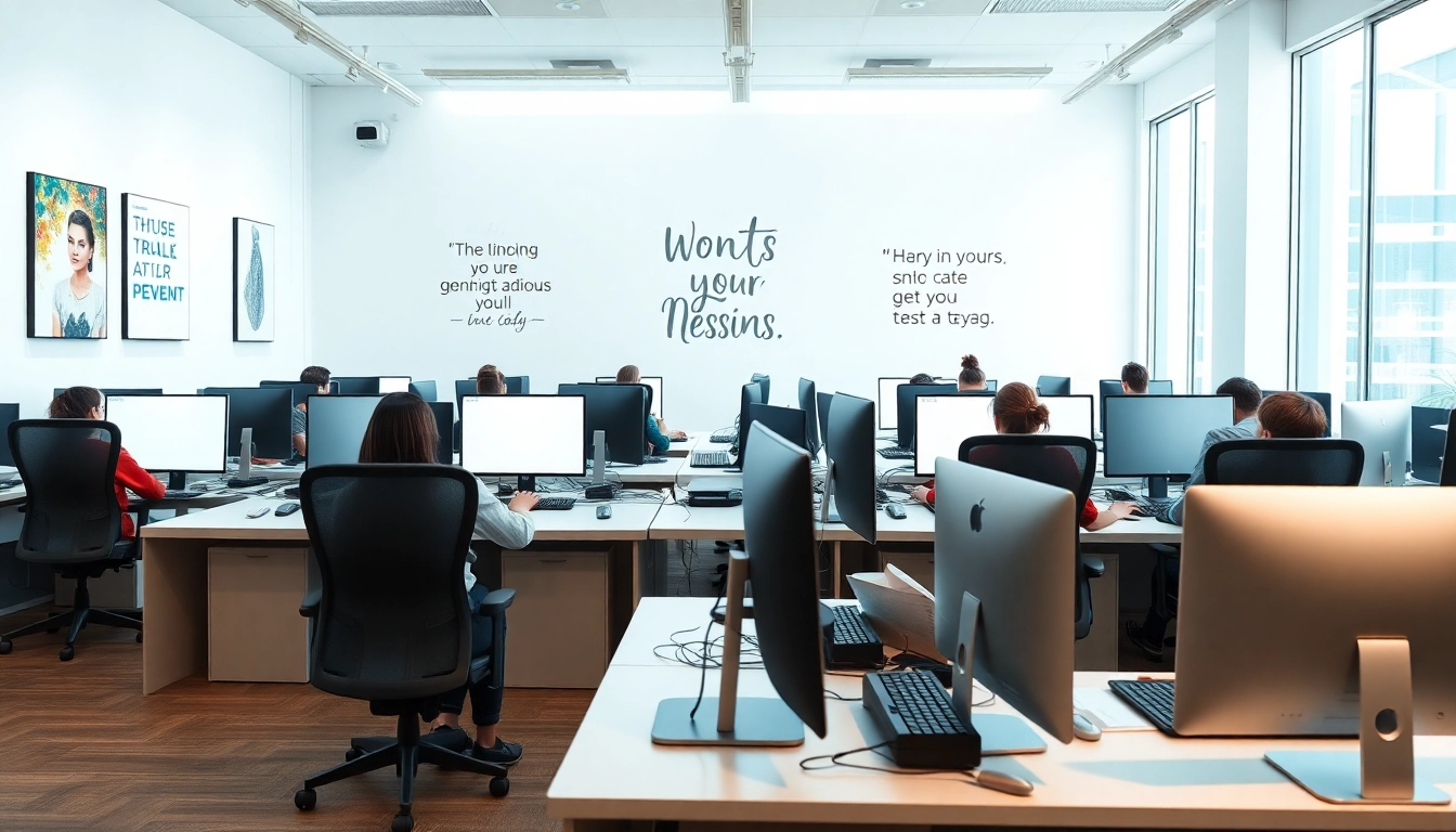 Engaged professionals in a typing center showcasing productivity and collaboration in a modern workspace.