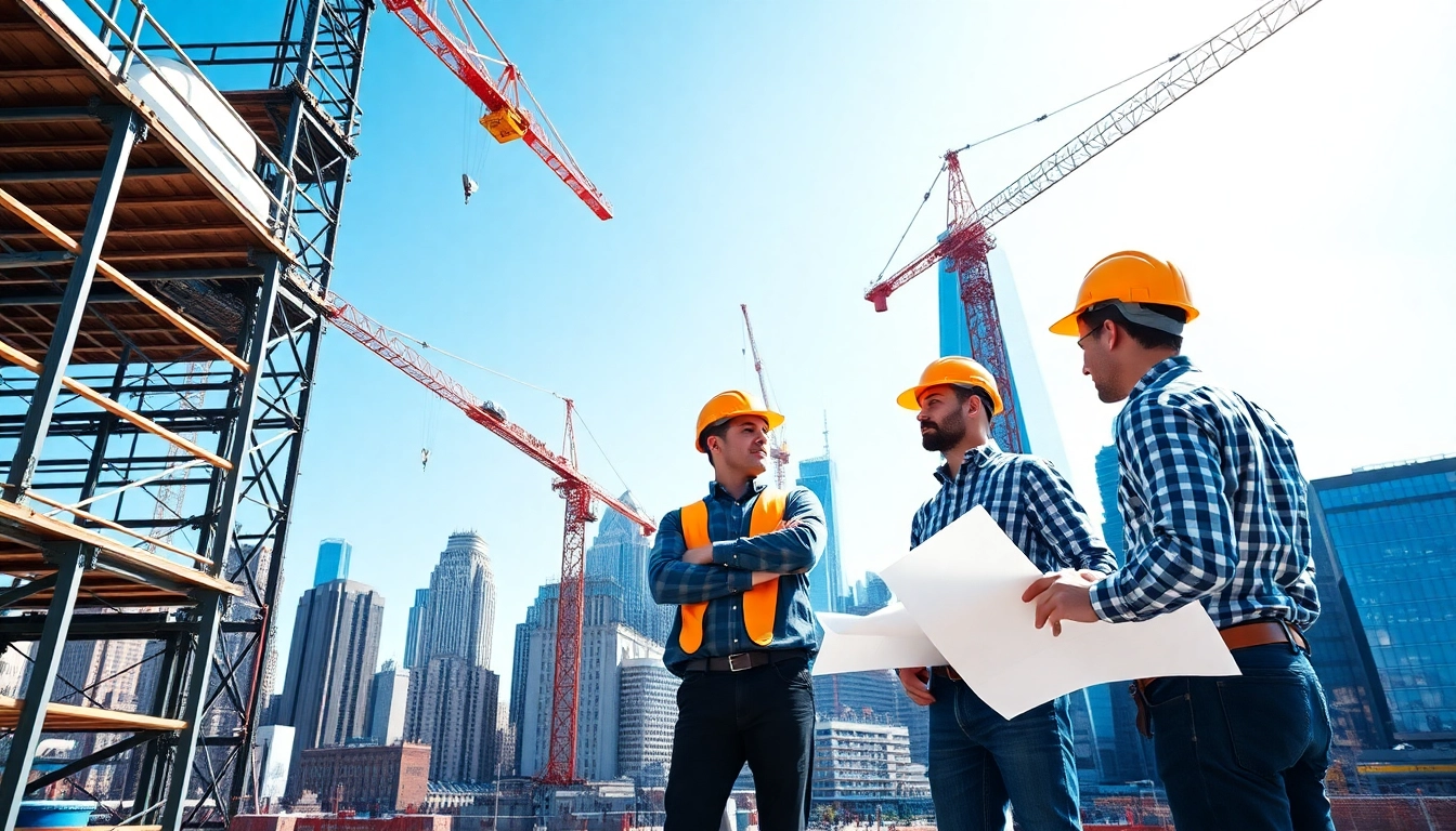 New York City Commercial General Contractor overseeing a construction project amidst a bustling skyline, showcasing teamwork.
