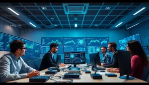 AI-powered cybersecurity lab displaying advanced data analytics and collaboration.