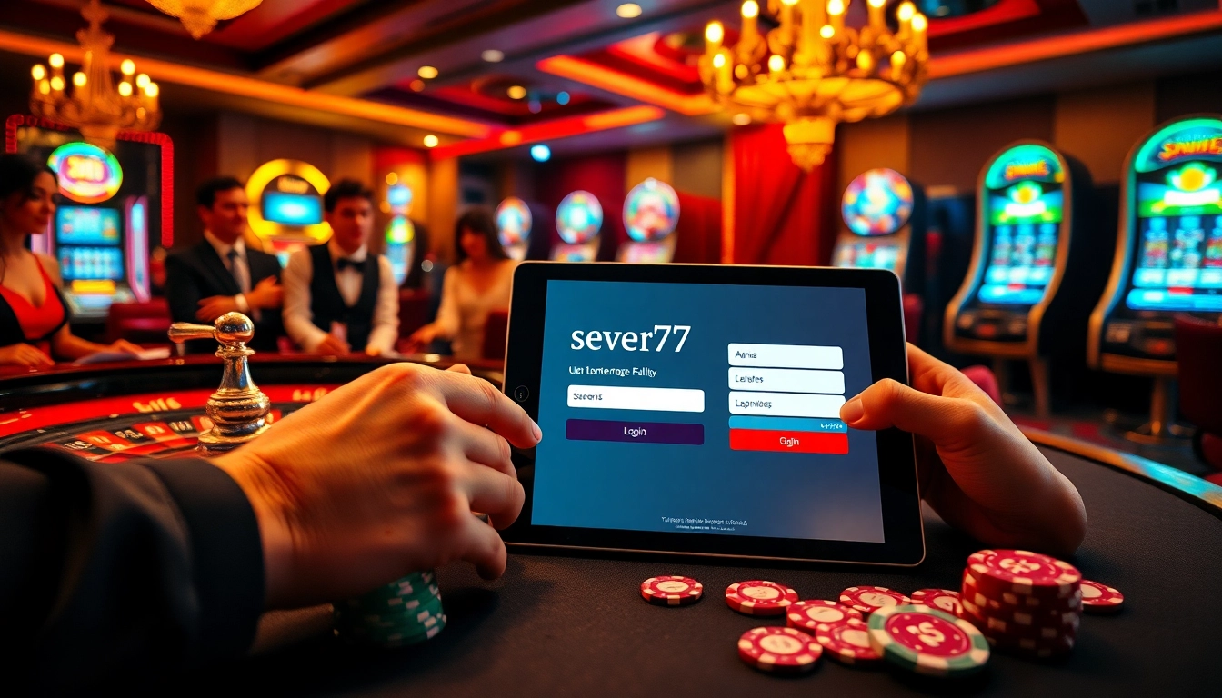 Experience the excitement of seven77 login at a luxurious casino scene with vibrant tables and eager players.