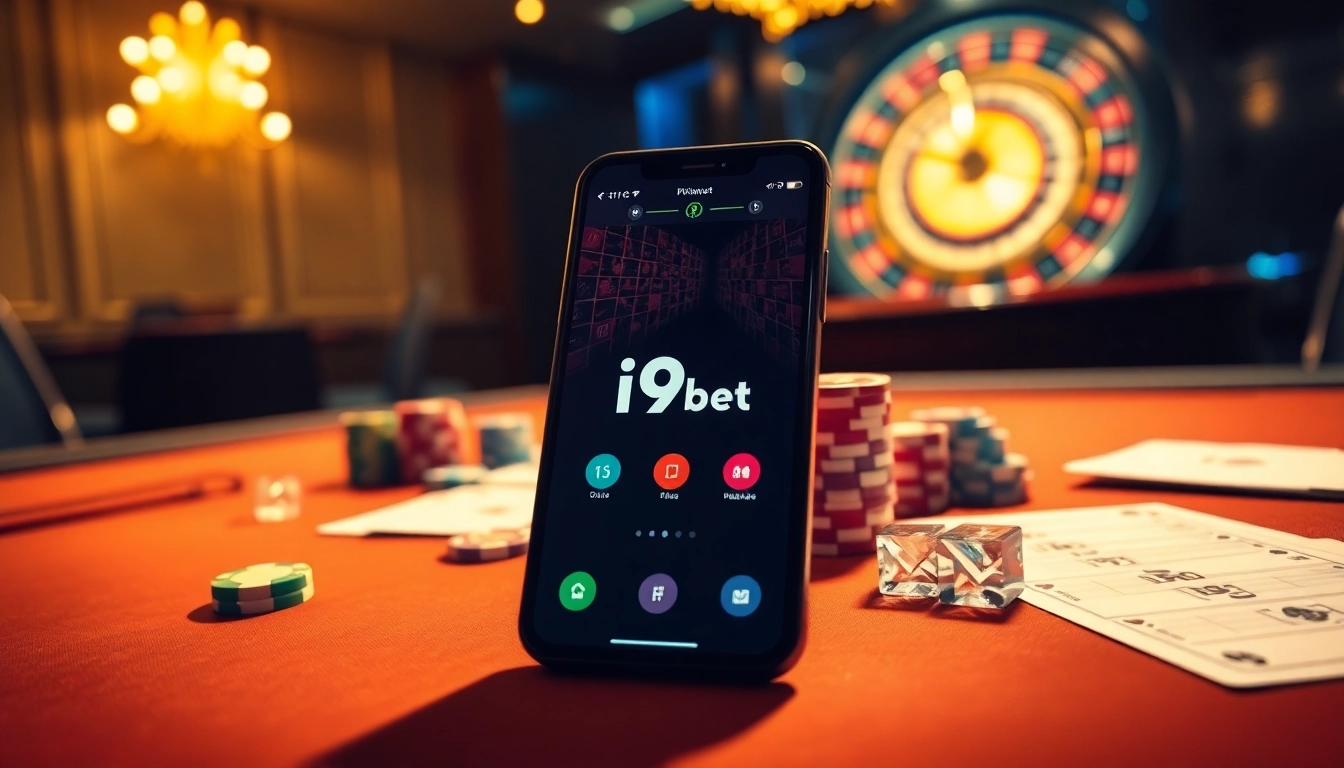 i9bet offers an engaging casino scene with poker chips and vibrant gaming elements.