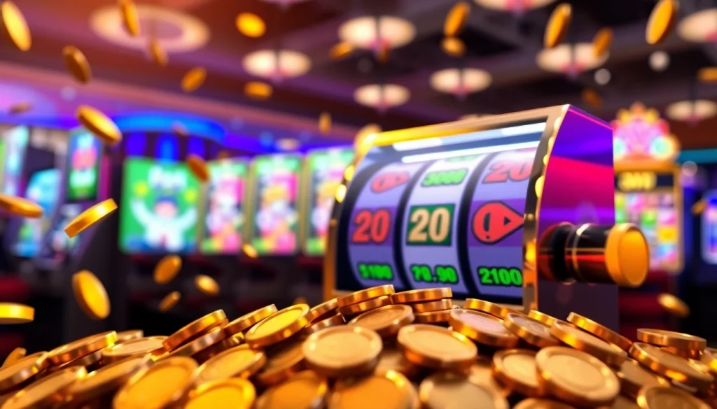 Menggambarkan permainan slot depo 1k yang mengasyikkan dengan mesin slot penuh warna dan koin berkilauan.