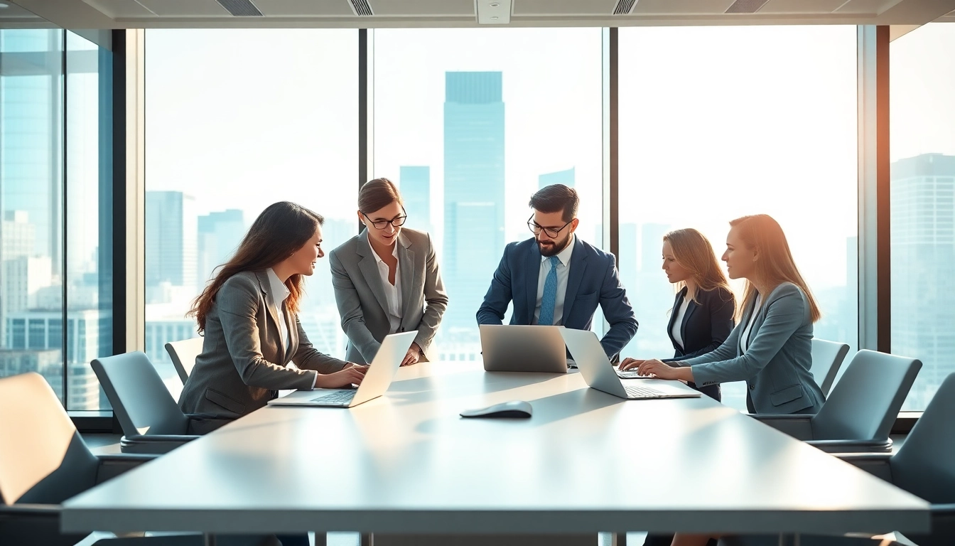 Gain business growth insights as professionals collaborate in a modern office environment.