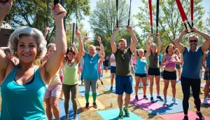 Group of diverse individuals using pull-up resistance bands outdoors for fitness training.