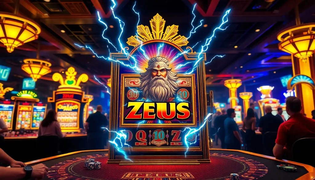 Players enjoying the Zeus slot machine in a luxurious casino setting, aiming for big wins.