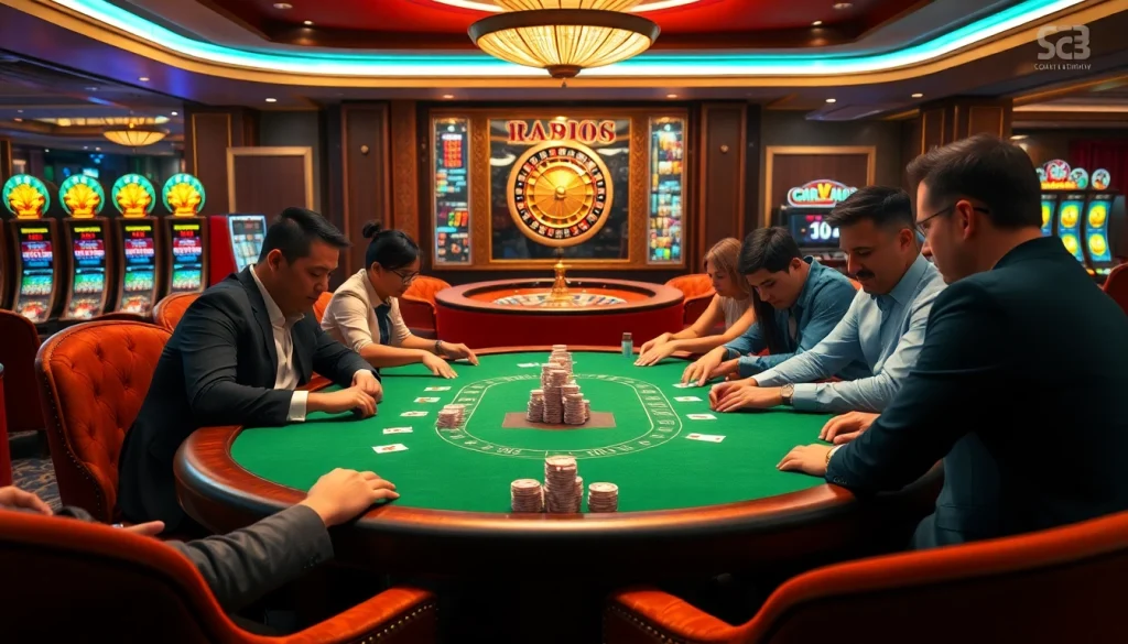 Players engaging in an intense poker game at a vibrant casino https:/sc88.bz/ with chips stacked high.