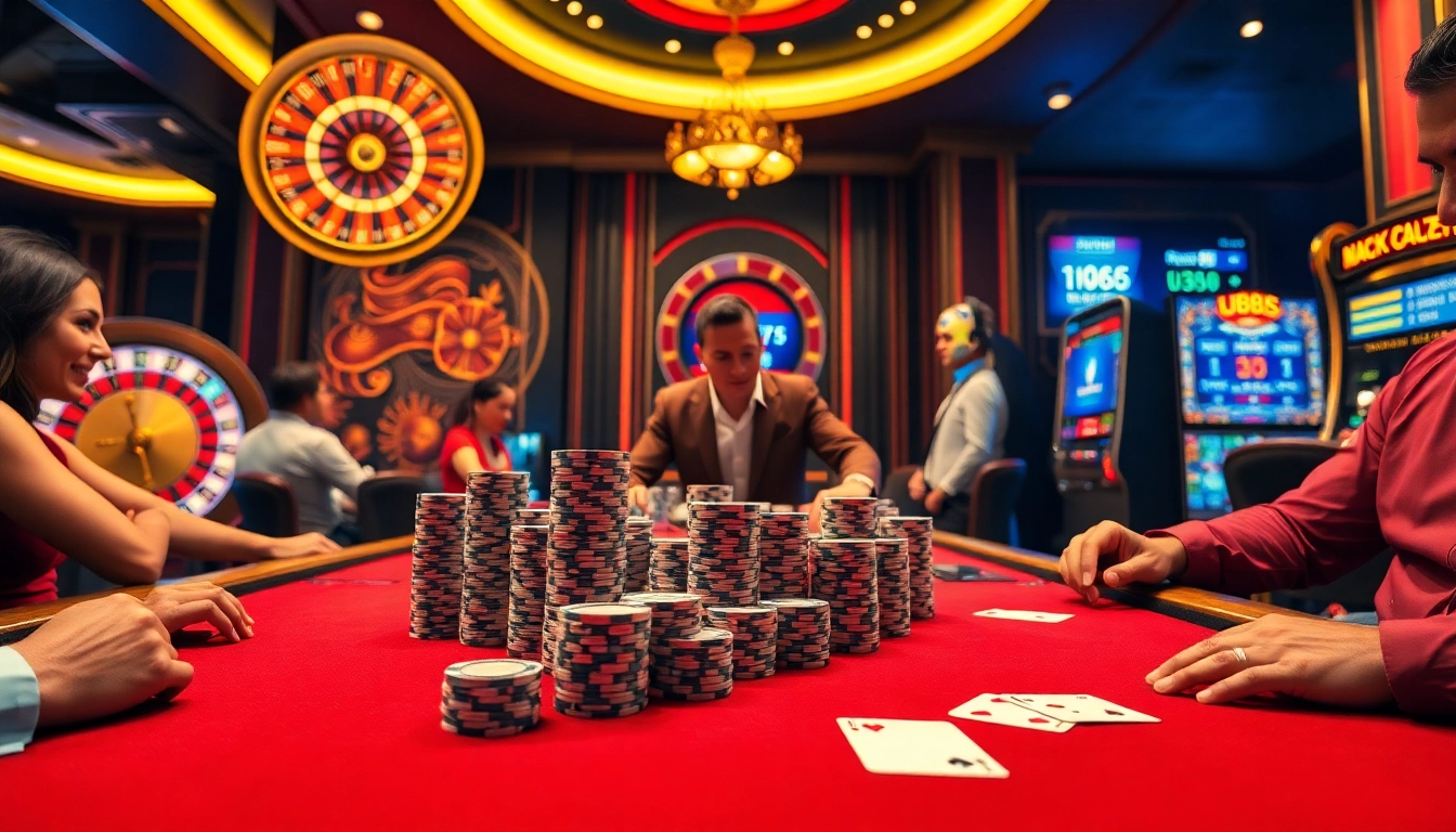Experience a thrilling game at U888 casino with vibrant slots, poker chips, and lively betting atmosphere.