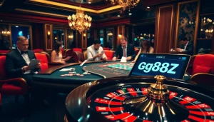 Experience the excitement at gg88bz with vibrant casino tables and luxurious gaming elements.