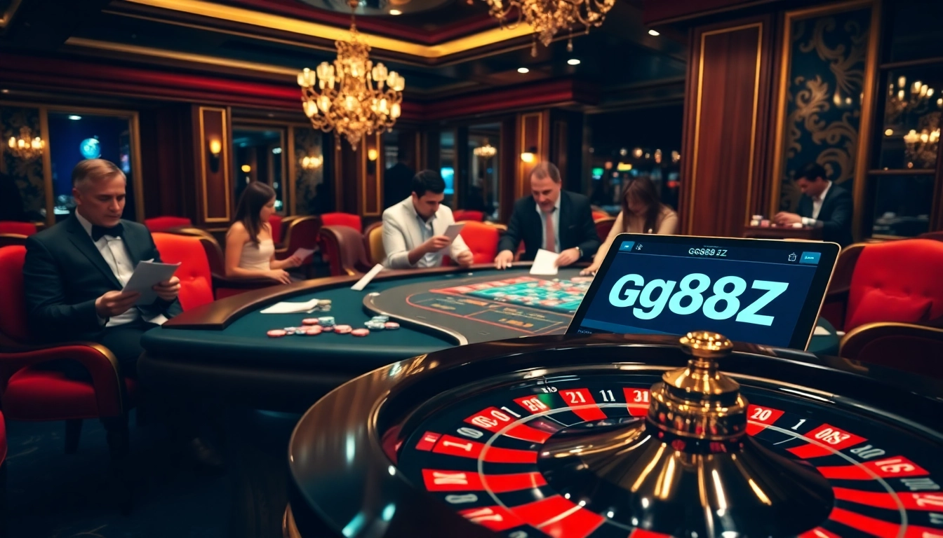 Experience the excitement at gg88bz with vibrant casino tables and luxurious gaming elements.