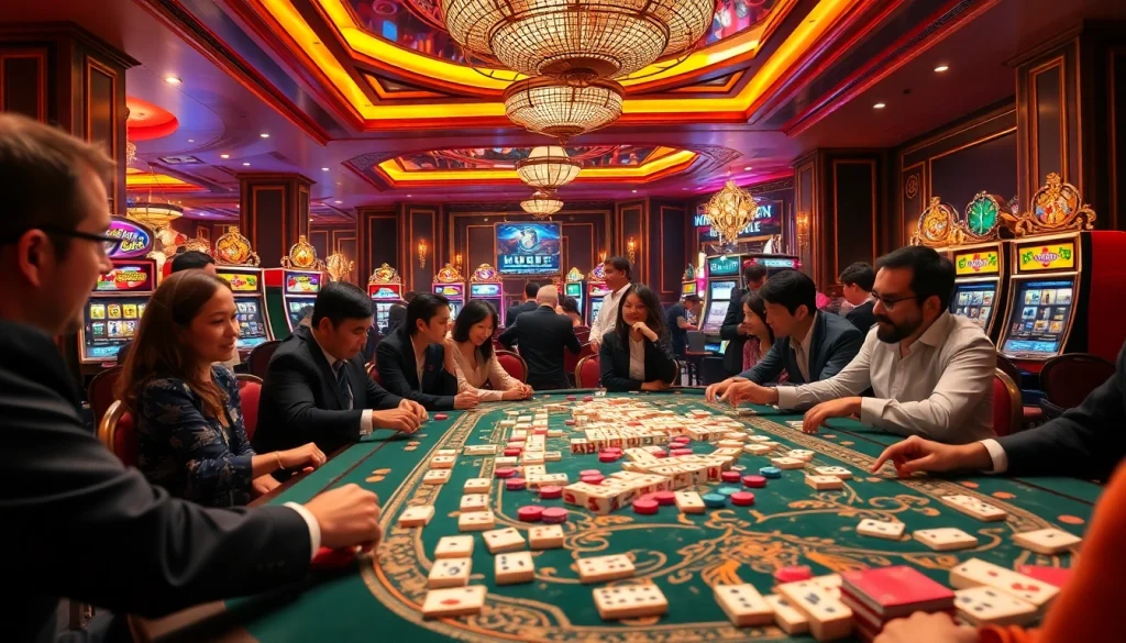 Para pemain terlibat dalam permainan Link Mahjong yang mendebarkan di meja kasino mewah.