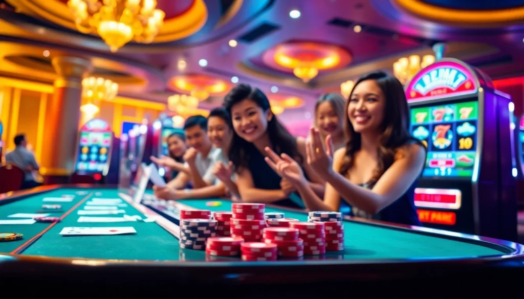 Mainkan slot depo pulsa dengan semangat di kasino yang meriah, menampilkan chip poker dan pemain yang enerjik.