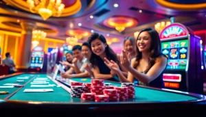 Mainkan slot depo pulsa dengan semangat di kasino yang meriah, menampilkan chip poker dan pemain yang enerjik.