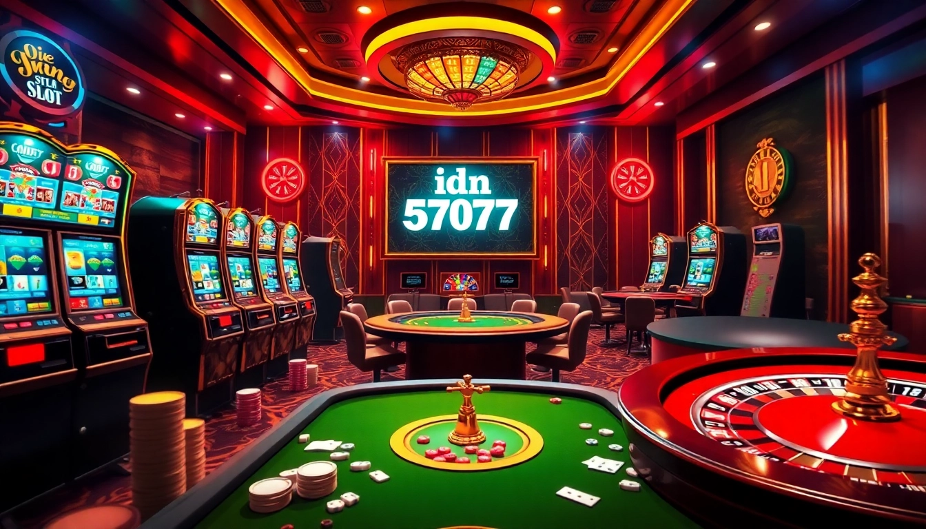 Engaging scene with slot machines and casino elements representing idn slot 777 gameplay.