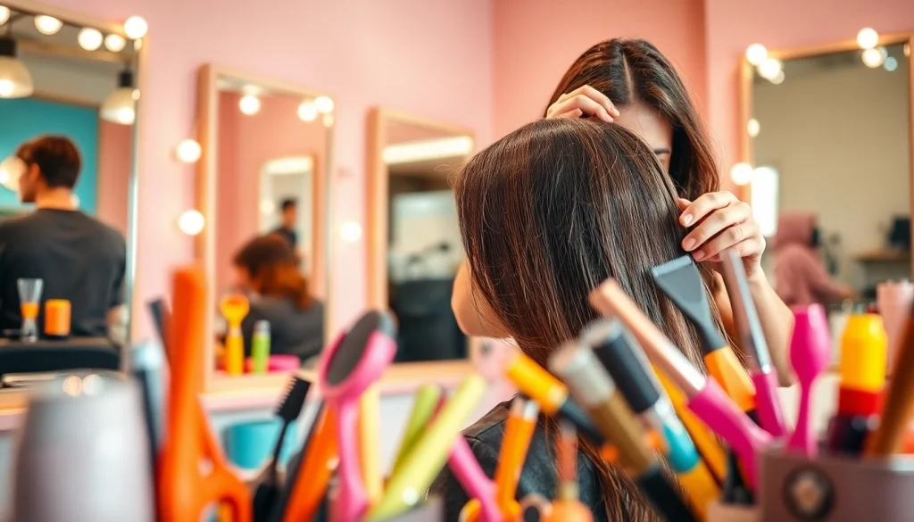 Stylist providing a hair service at salon coafura craiova, capturing a professional atmosphere.