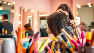 Stylist providing a hair service at salon coafura craiova, capturing a professional atmosphere.