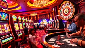 Pemain menikmati sensasi slot depo 1000, berinteraksi dengan mesin slot berwarna-warni di kasino mewah.