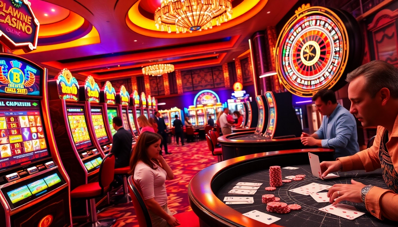 Pemain menikmati sensasi slot depo 1000, berinteraksi dengan mesin slot berwarna-warni di kasino mewah.