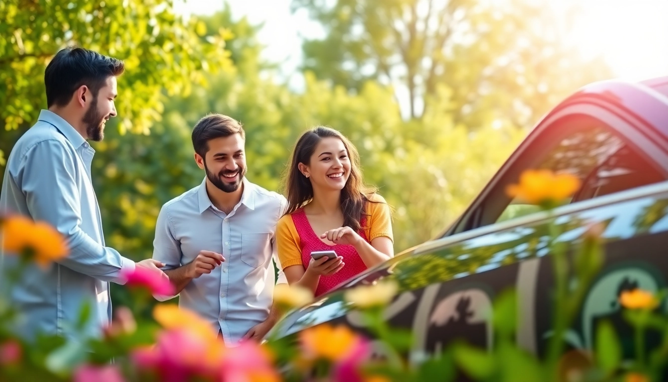 Explore monthly car warranty plans with a family happily reviewing their vehicle in a sunny park.